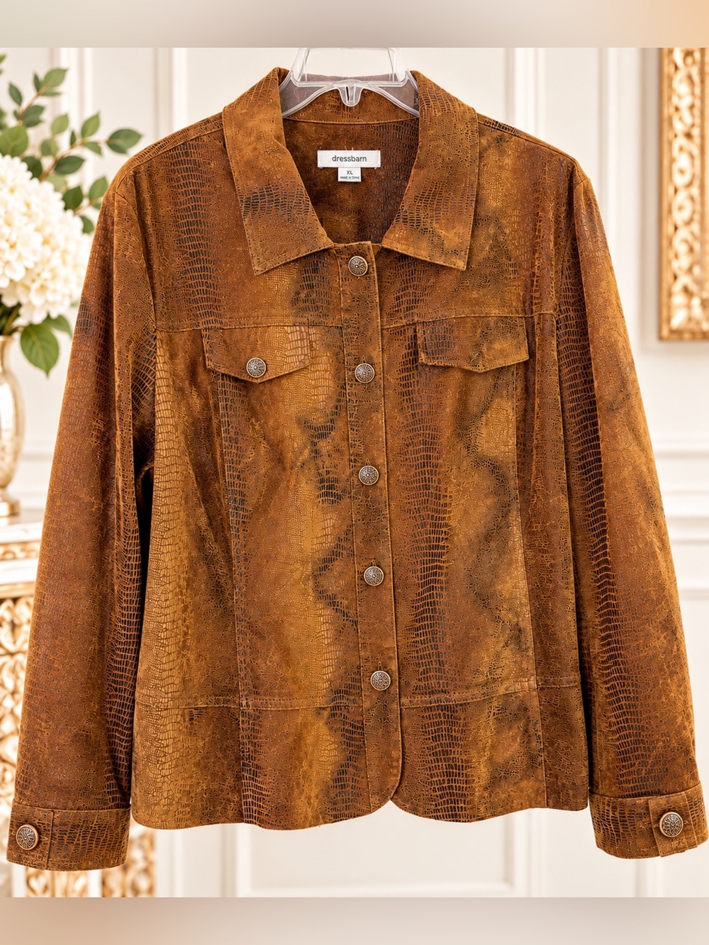 Dressbarn XL Faux Suede Croc Texture Brown Jacket Button Front